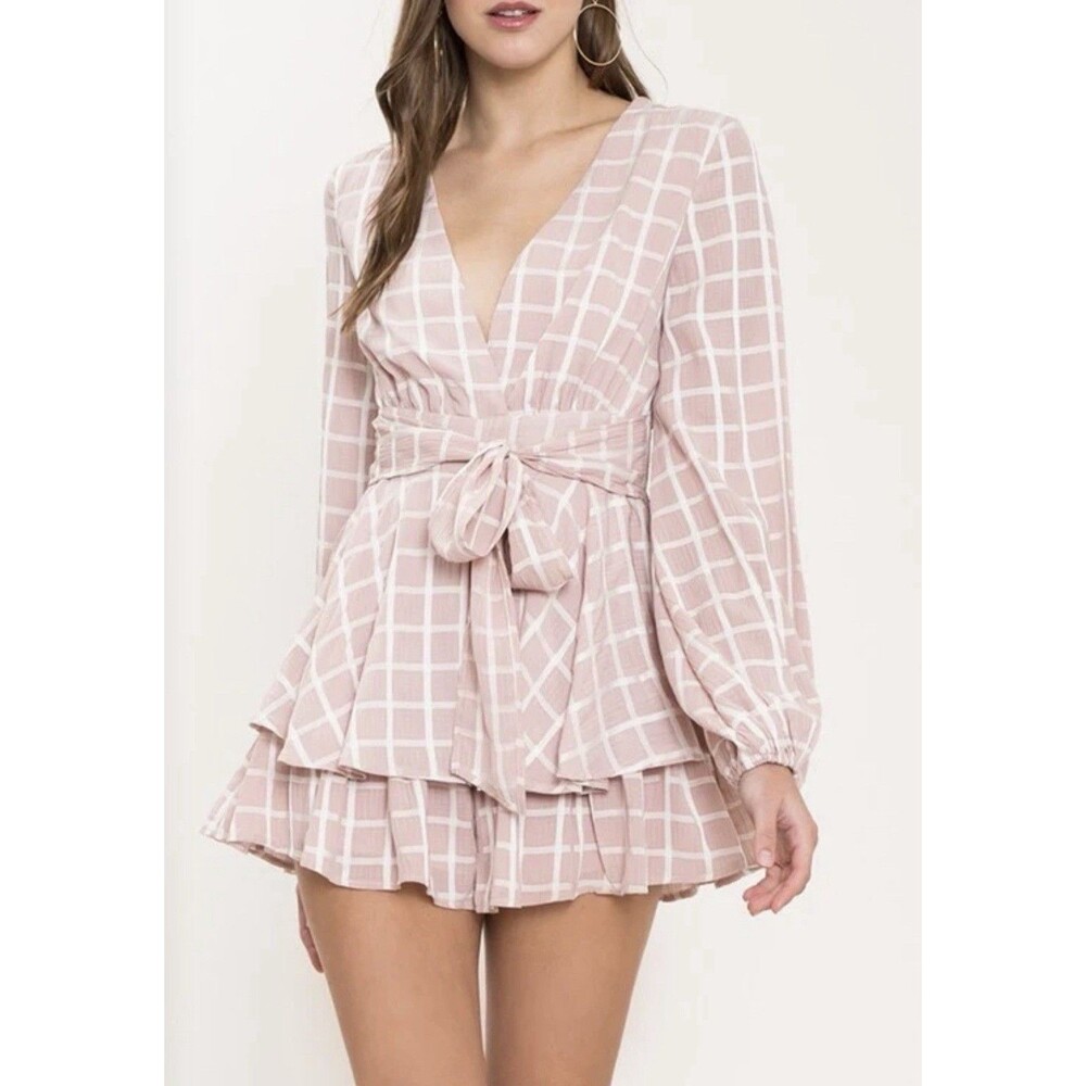 L'Atiste Checkered Long Sleeve Romper S Blush Pink White Ruffles Coquette Preppy
